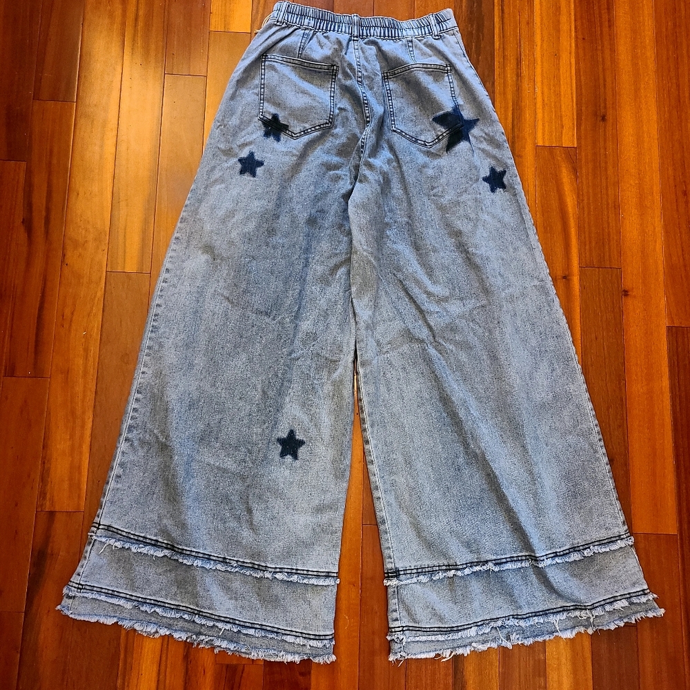 Blue Velvet Barrel Super Flare-Leg Denim Pants w/Star Details Sz:M Boho Festival - Picture 10 of 12